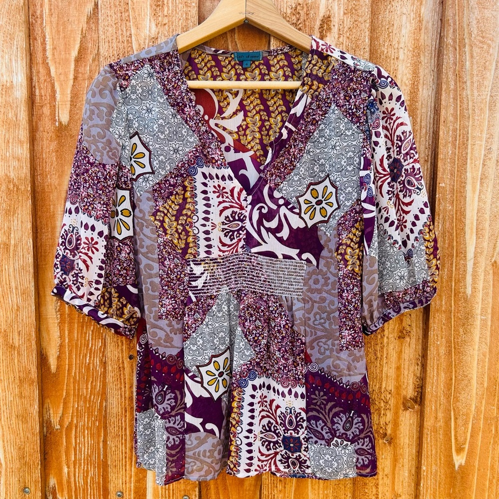 Anthropologie Left Of Center Patchwork Boho Smocked V-Neck Peasant Top Size S